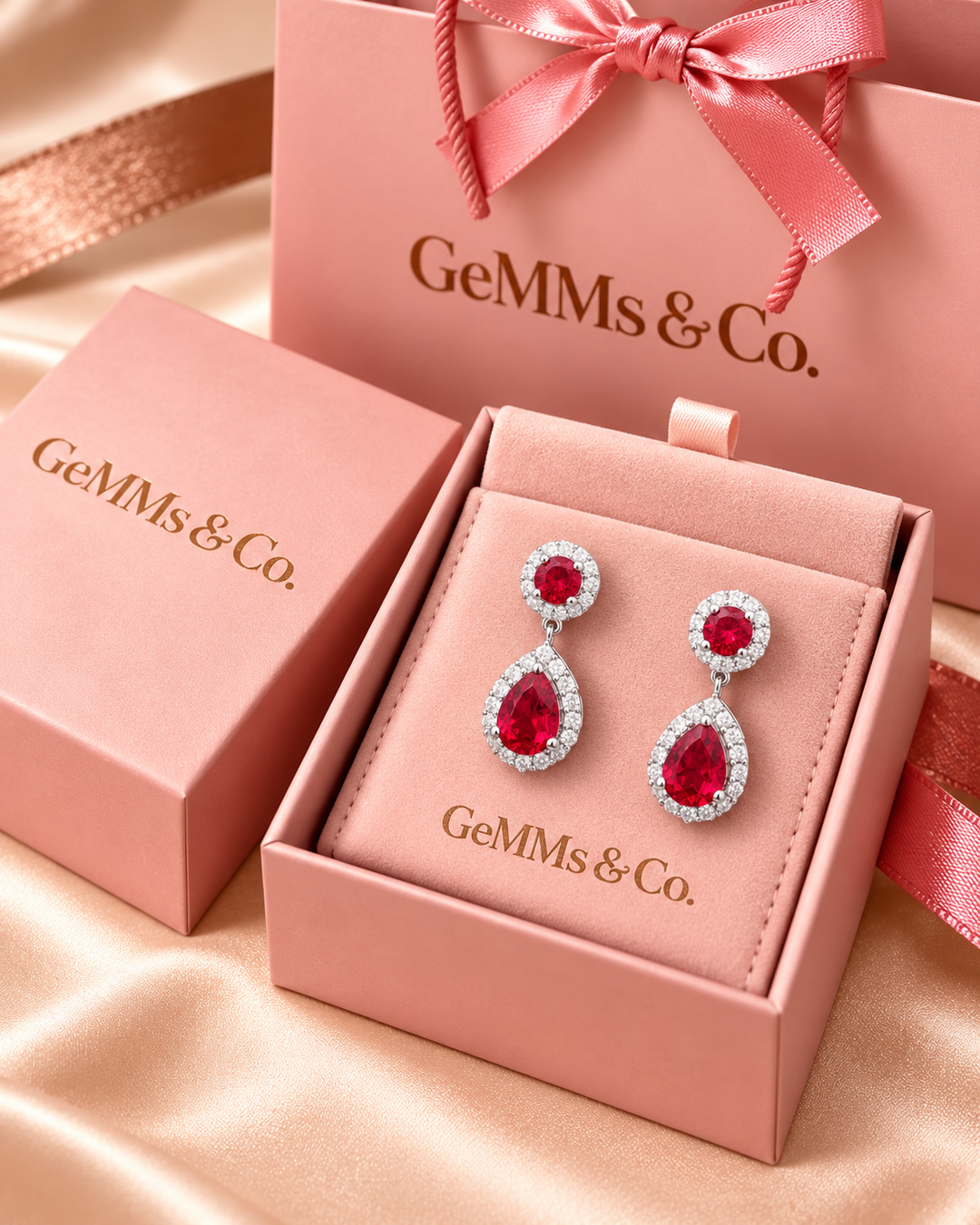 Red halo pear drop earrings — GeMMs & Co. luxury packaging portrait image