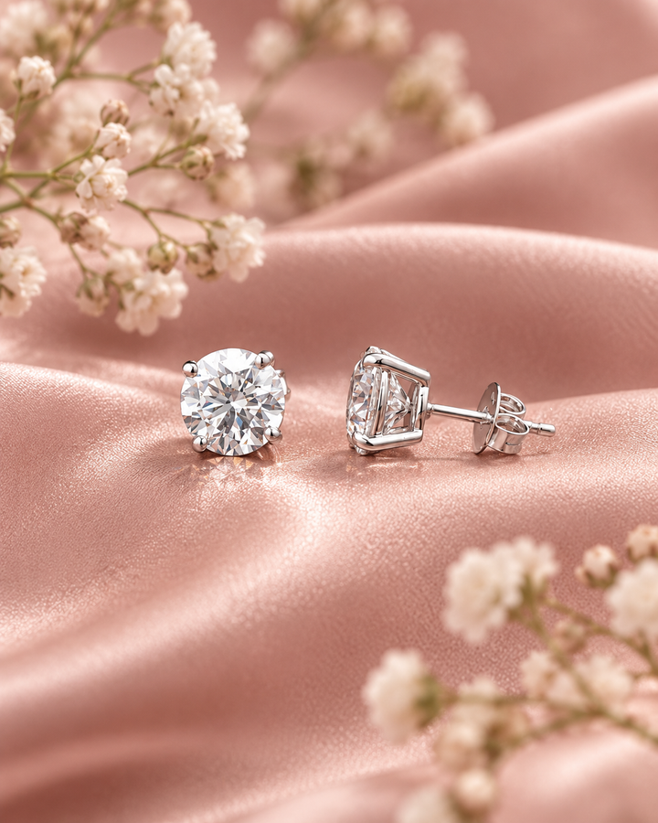 White gold diamond stud earrings on pink silk