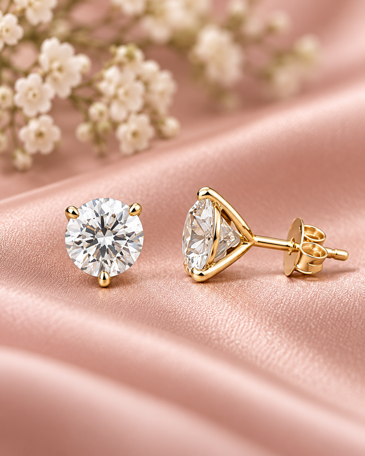 IGI-certified classic lab-grown diamond stud earrings in 9ct yellow gold styled on blush satin #metal_9ct-yellow-gold
