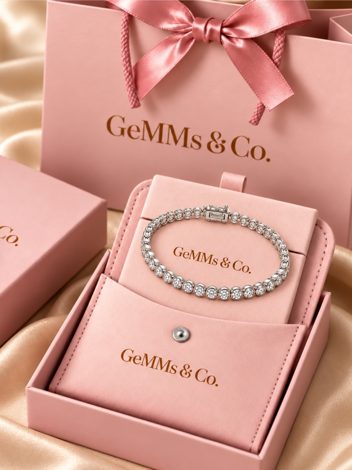 Lab-Grown Diamond Rub Over Tennis Bracelet in GeMMs & Co. blush pink luxury packaging