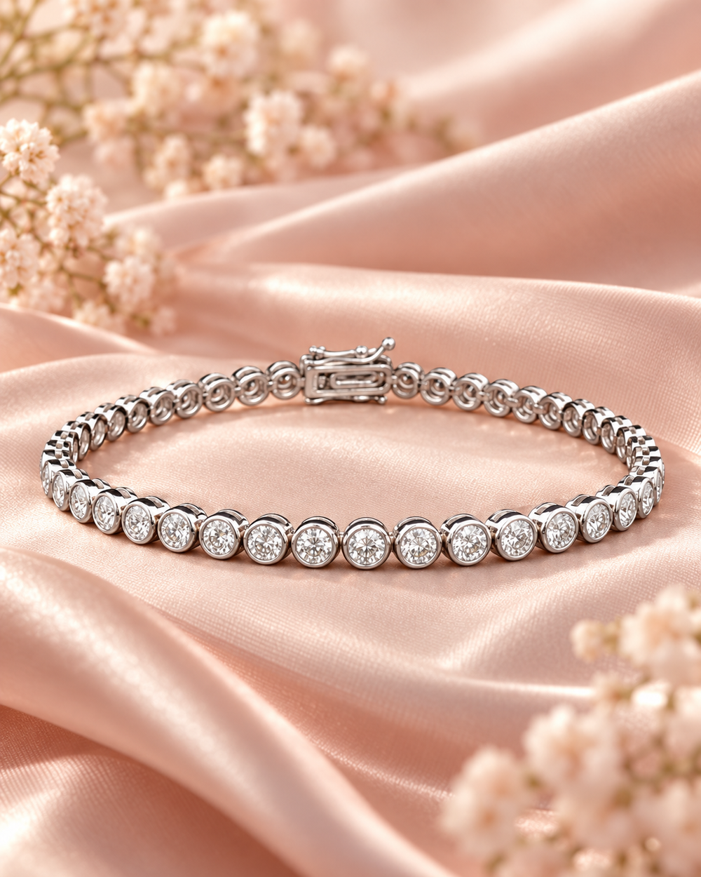 Lab-Grown Diamond Rub Over Tennis Bracelet styled on blush satin
