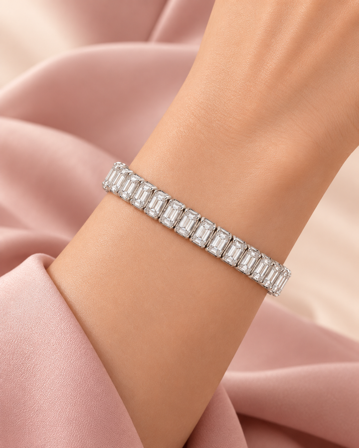 Semi Rub Over Baguette lab-grown diamond tennis bracelet worn on wrist