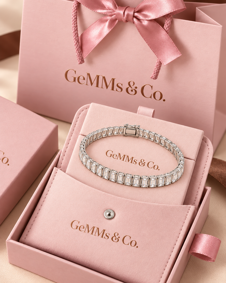 Semi Rub Over Baguette lab-grown diamond tennis bracelet in GeMMs & Co. luxury pink packaging