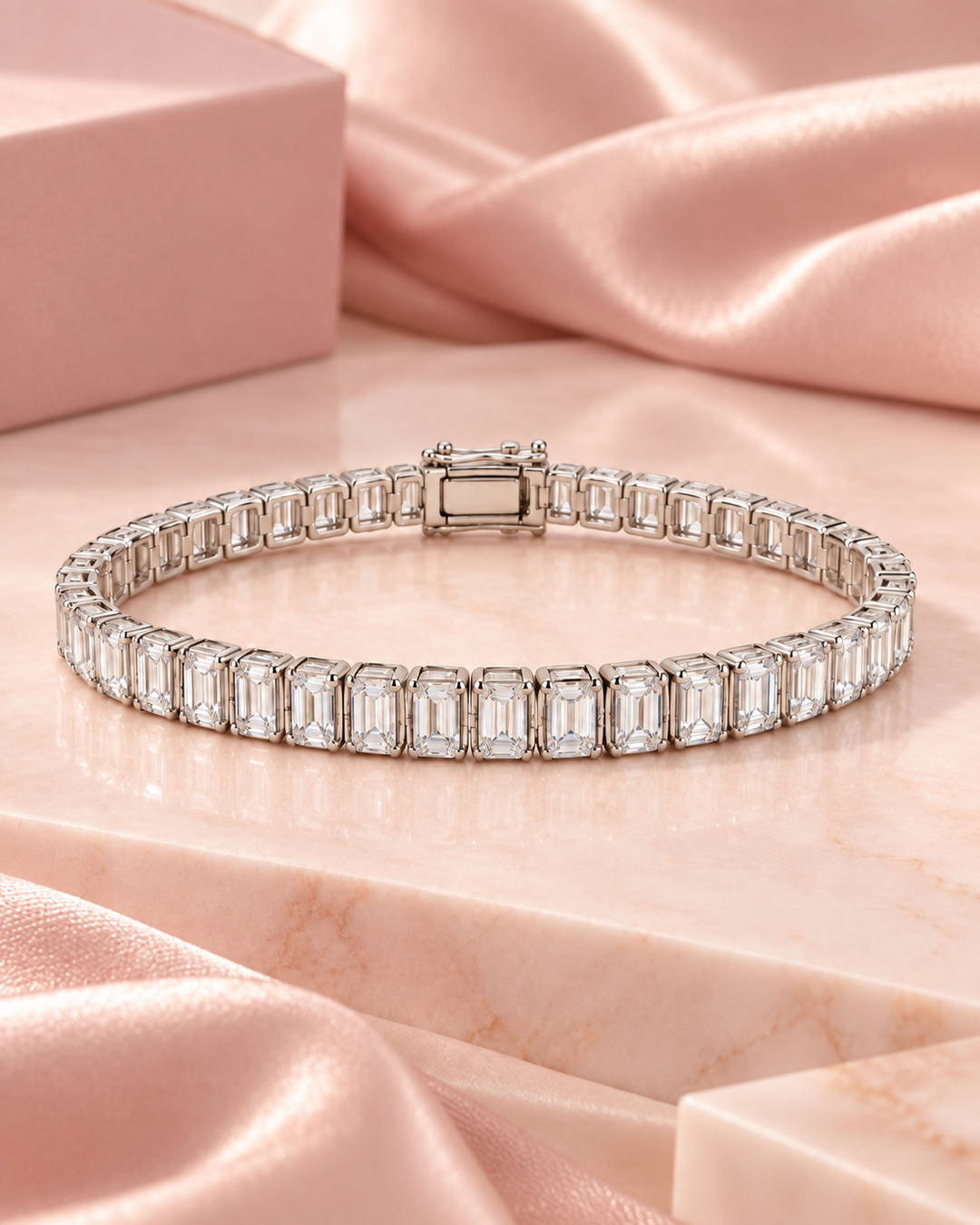 Semi Rub Over Baguette lab-grown diamond tennis bracelet on blush marble and satin