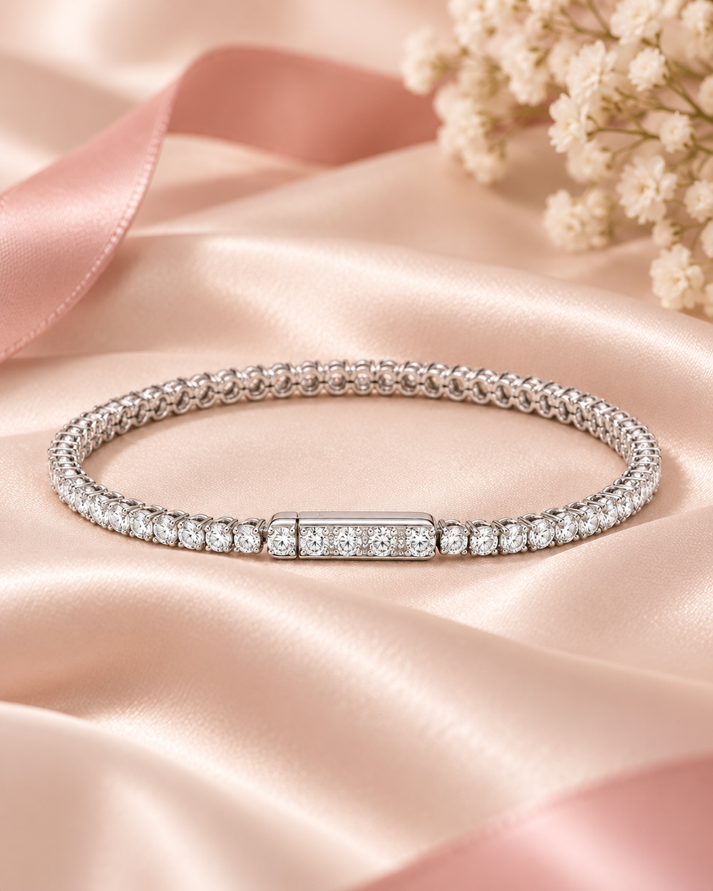 Side-lock lab-grown diamond tennis bracelet on soft blush satin