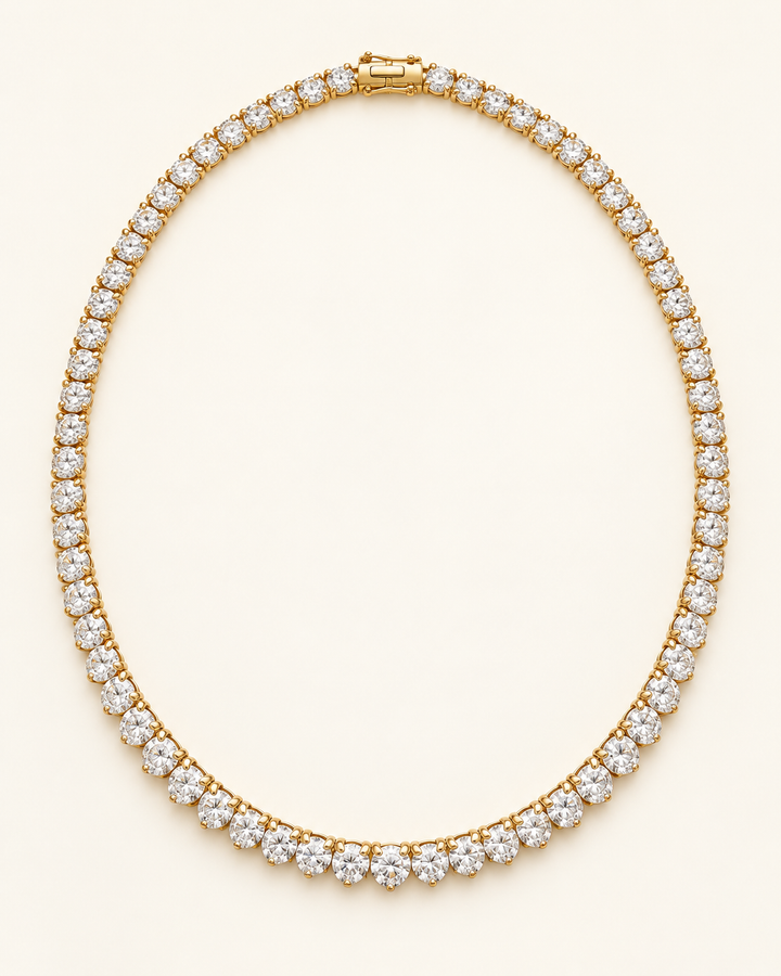 8.08ct Lab-Grown Diamond Three-Prong Tennis Necklace in 9ct Yellow Gold on cream background #metal_9ct-yellow-gold