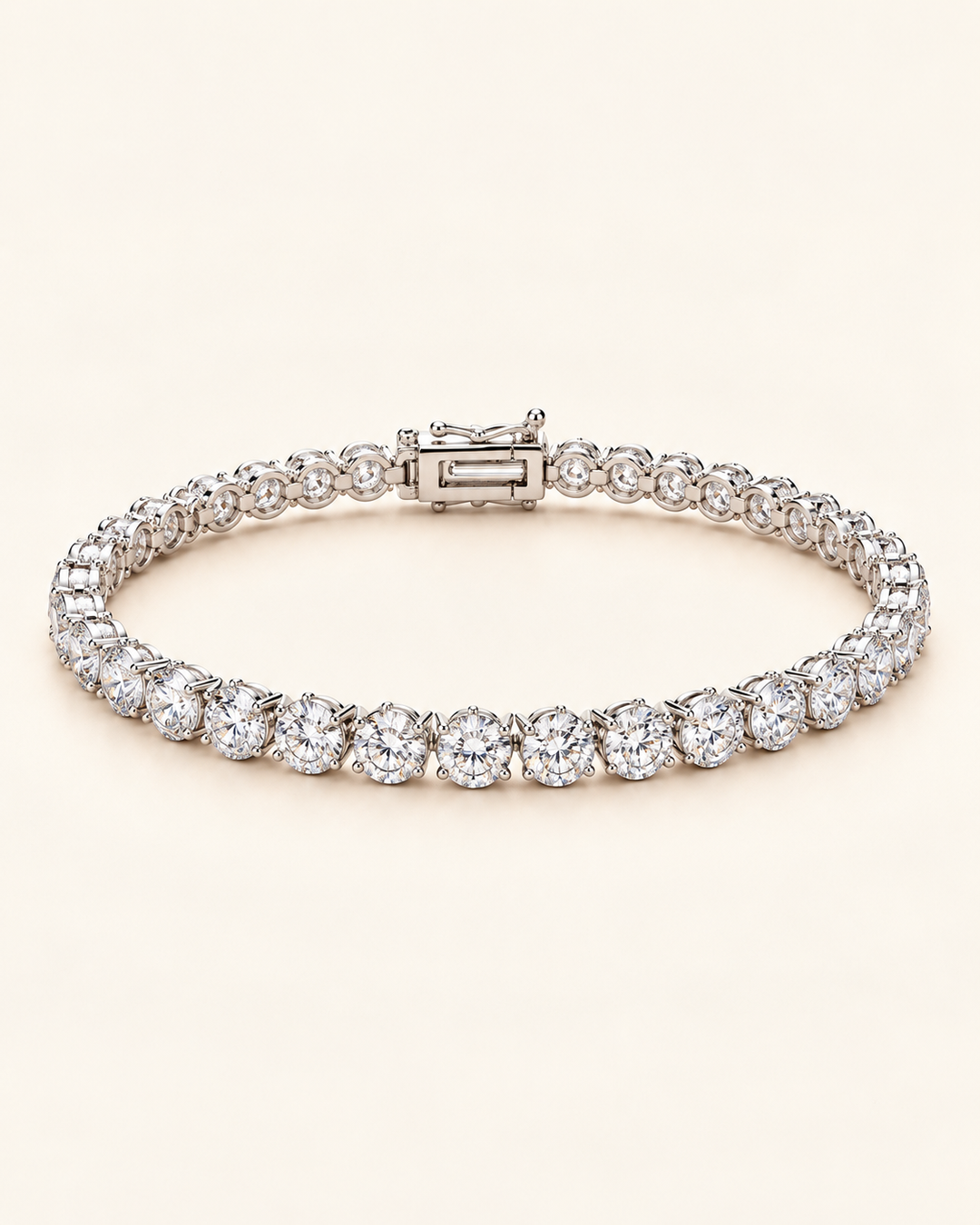 Lab-grown diamond three-prong tennis bracelet on cream background