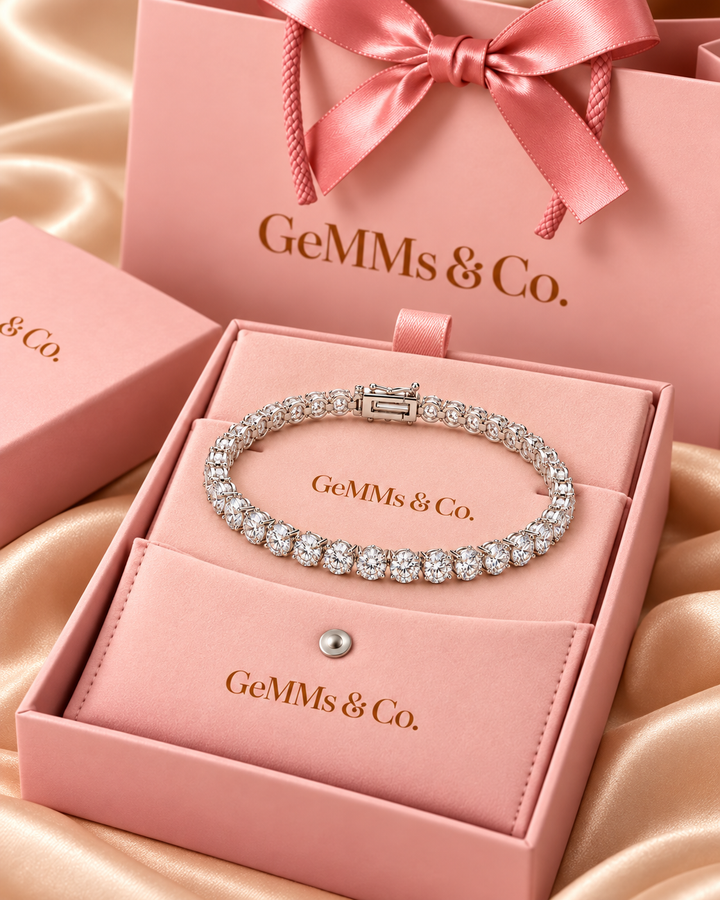 Lab-grown diamond three-prong tennis bracelet in GeMMs & Co. blush pink luxury packaging