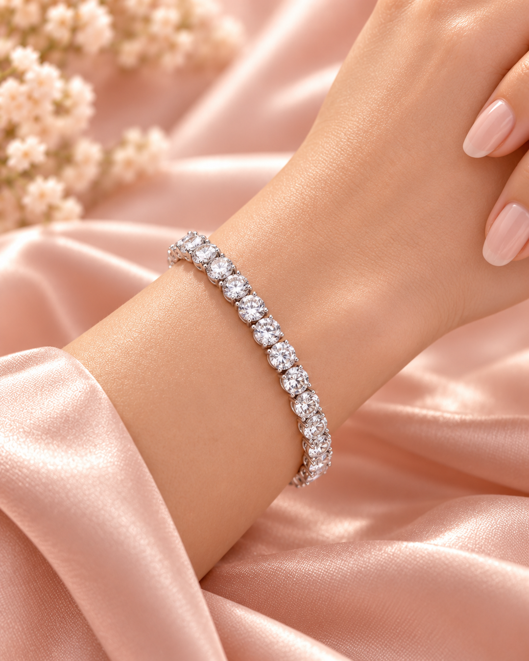 Lab-grown diamond three-prong tennis bracelet worn on an elegant wrist
