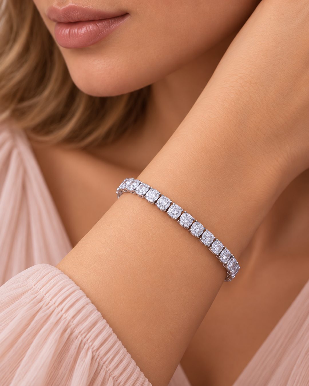 Under-lock tennis bracelet worn by elegant model, lips and chin only, portrait